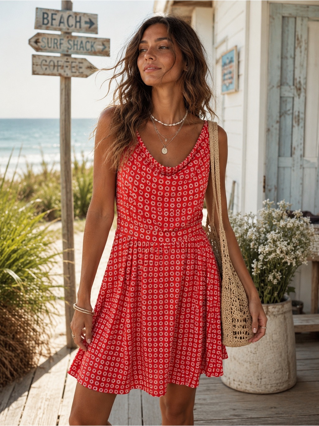 Maeve Anthropologie Red Daisy Print Cowl Neck Midi Dress M Floral